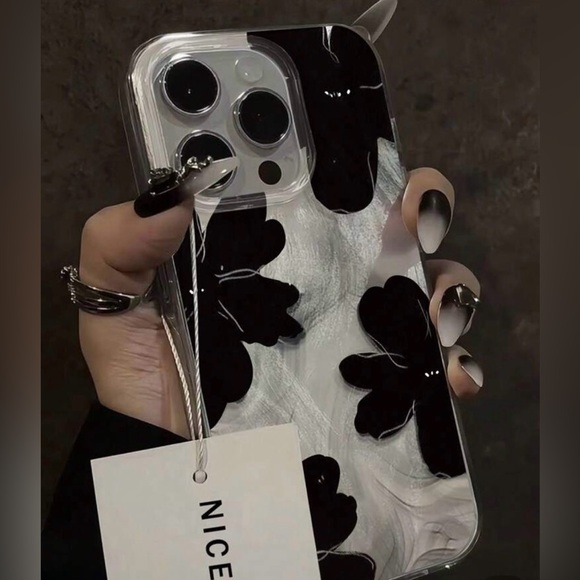 Apple iPhone Phone Case Floral Transparent Case Silver Feathery Black Flowers - Picture 3 of 6